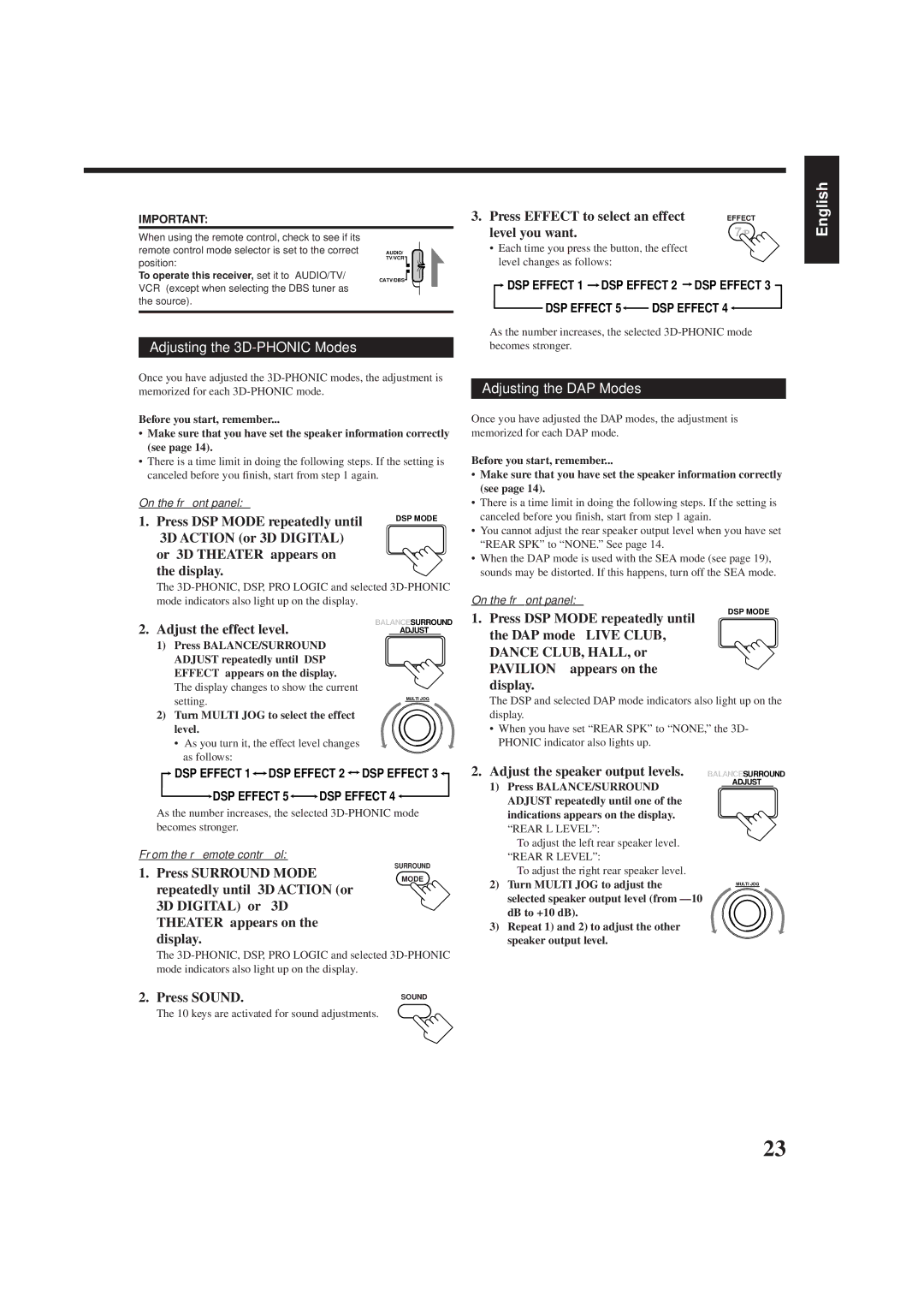 JVC RX-778VBK manual Adjusting the 3D-PHONIC Modes, Adjusting the DAP Modes 