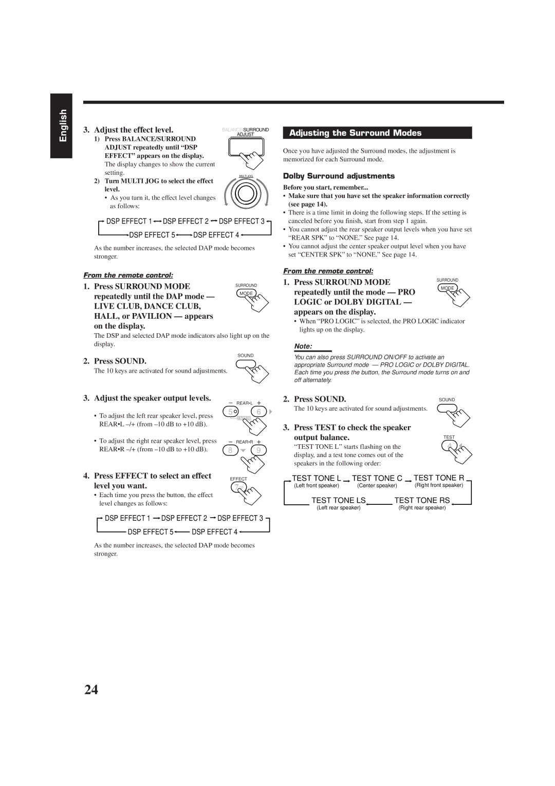 JVC RX-778VBK manual Adjusting the Surround Modes 