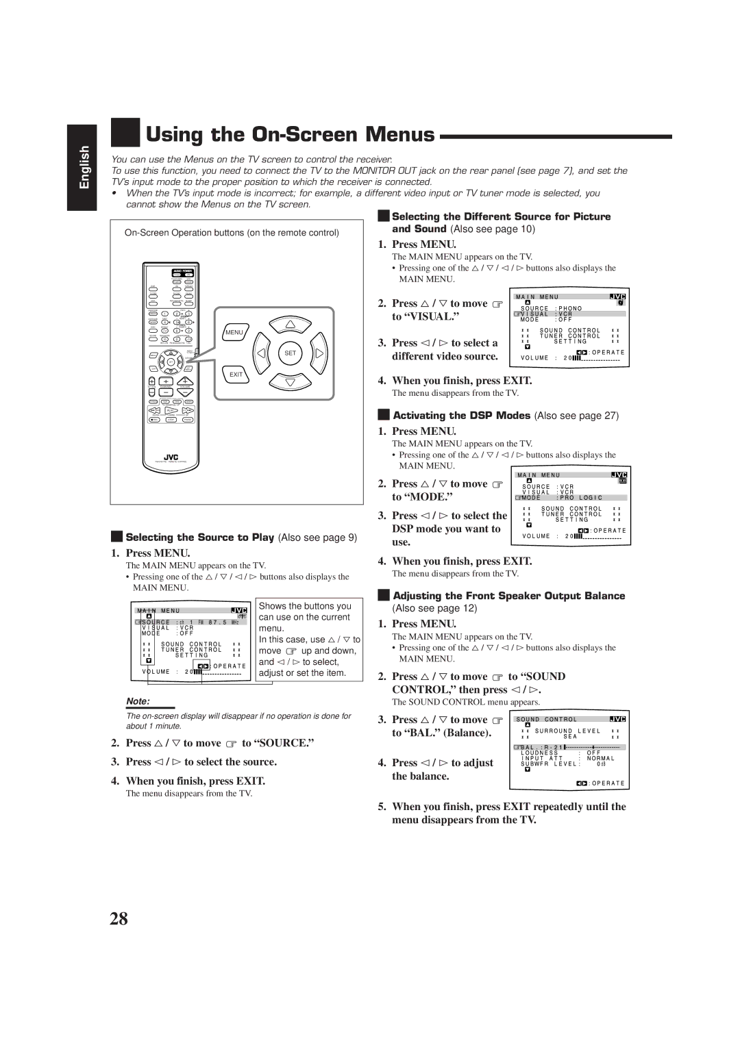 JVC RX-778VBK manual Using the On-Screen Menus, Press Menu, Press % / Þto move to Visual, When you finish, press Exit 