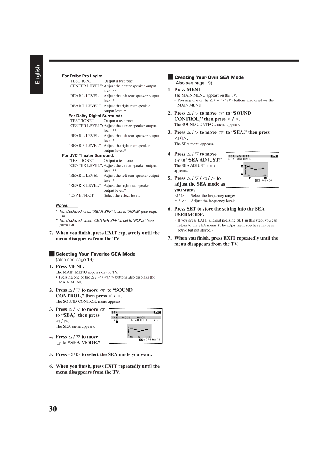 JVC RX-778VBK manual Press %/ Þto move to Sound CONTROL, then press @ / #, Press %/ Þto move to SEA, then press @/ # 