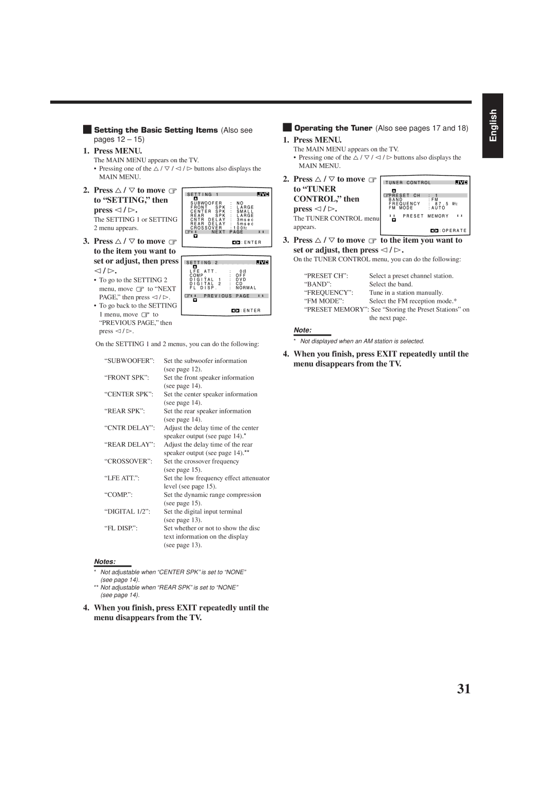 JVC RX-778VBK manual Press %/ Þto move To SETTING, then press @/ #, Press % / Þto move To Tuner CONTROL, then press @/ # 