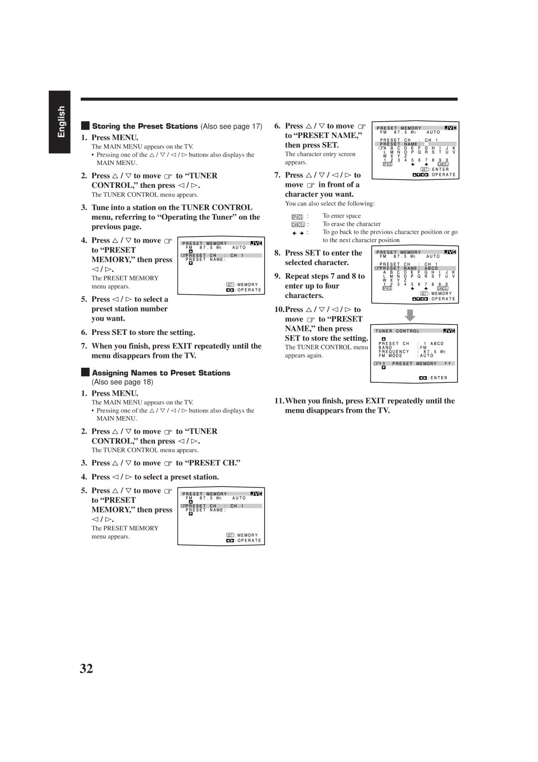 JVC RX-778VBK Press %/ Þto move to Preset NAME, then press SET, Press %/ Þ/ @/ # to Move in front of a character you want 