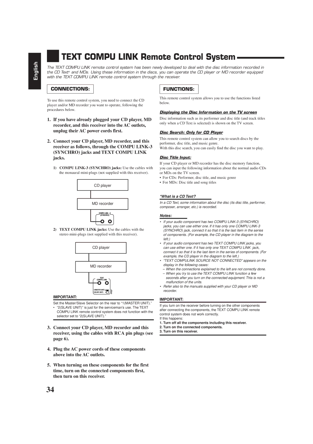 JVC RX-778VBK manual Text Compu Link Remote Control System, CD player MD recorder, Disc Search Only for CD Player 