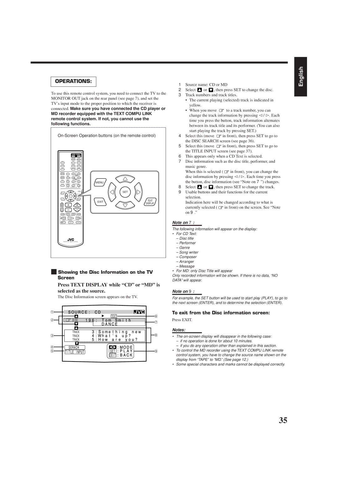 JVC RX-778VBK Press Text Display while CD or MD is selected as the source, Showing the Disc Information on the TV Screen 