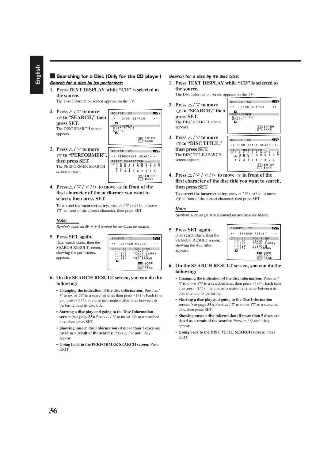 JVC RX-778VBK manual Press Text Display while CD is selected as the source, Press %/ Þto move to SEARCH, then Press SET 