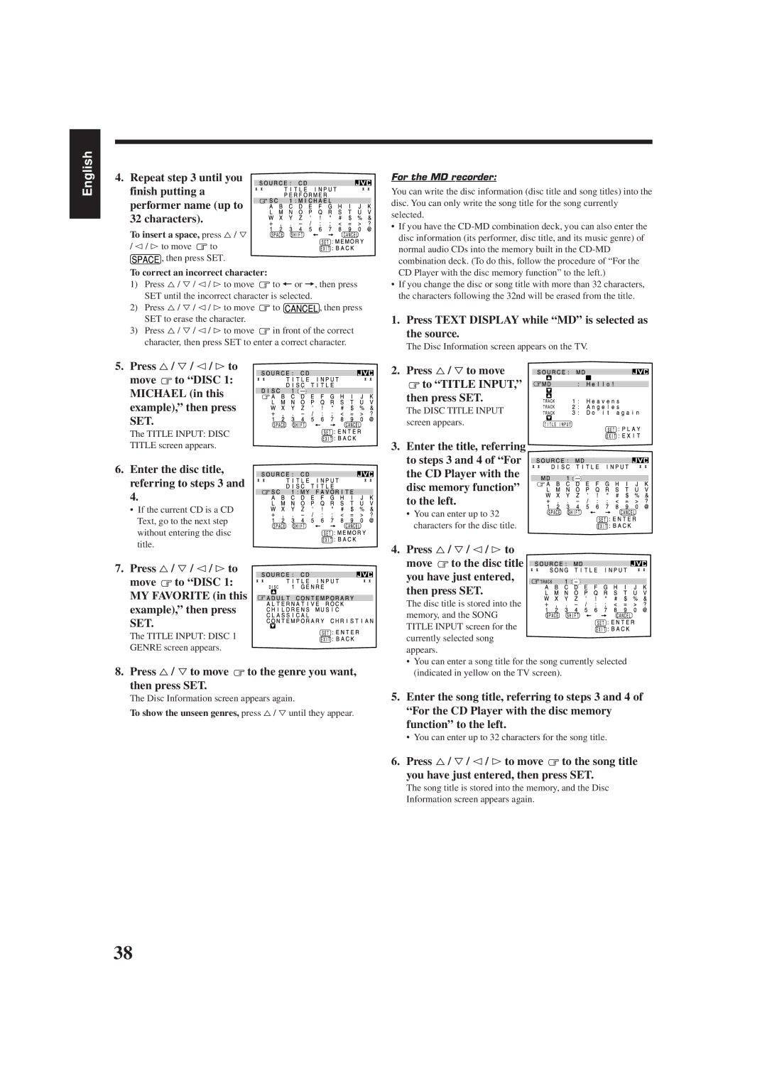 JVC RX-778VBK manual Enter the disc title, referring to steps 3, Press %/ Þto move to the genre you want, then press SET 