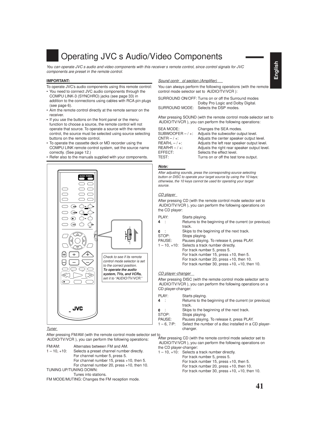 JVC RX-778VBK manual Operating JVC’s Audio/Video Components, Sound control section Amplifier, Tuner, CD player-changer 