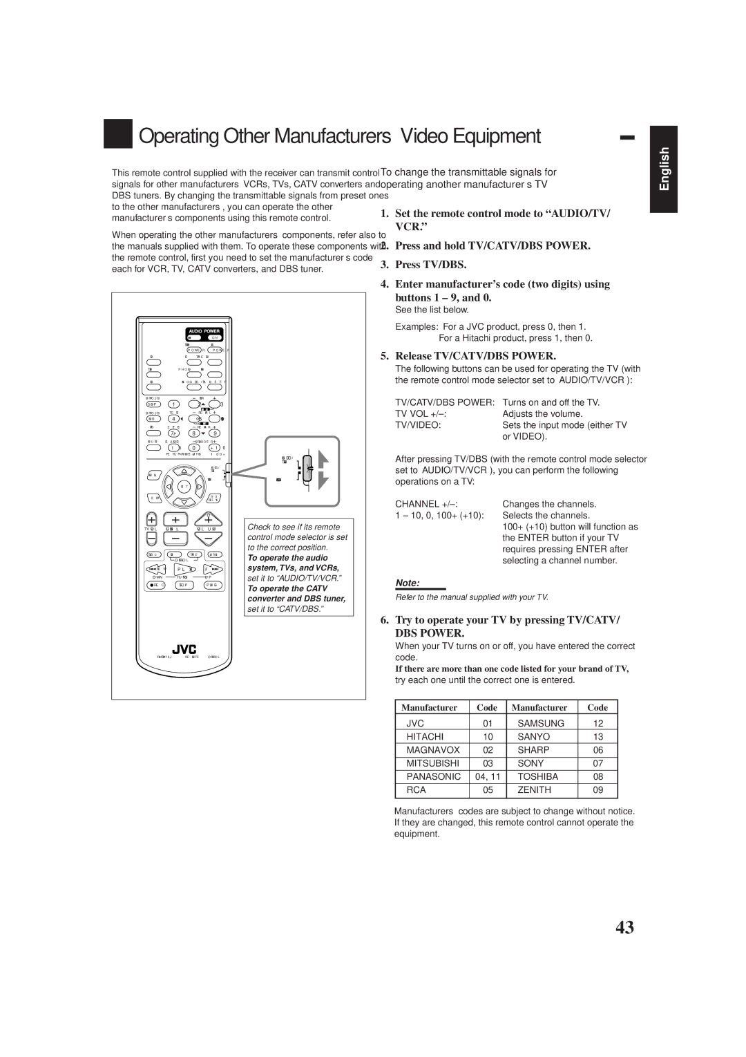 JVC RX-778VBK manual Operating Other Manufacturers’ Video Equipment, Release TV/CATV/DBS Power, Manufacturer Code 