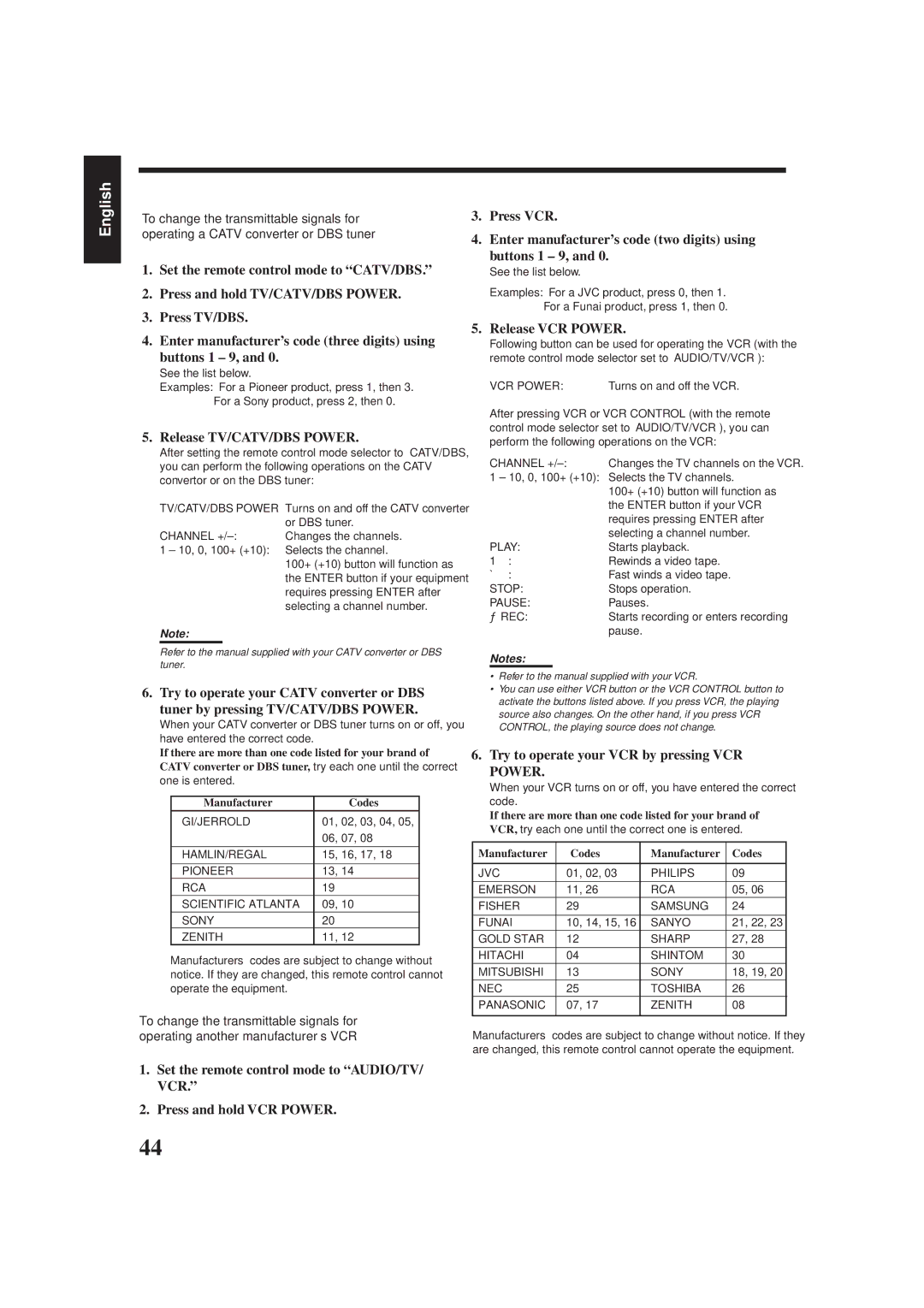 JVC RX-778VBK manual Release VCR Power, Try to operate your VCR by pressing VCR Power, Manufacturer Codes 