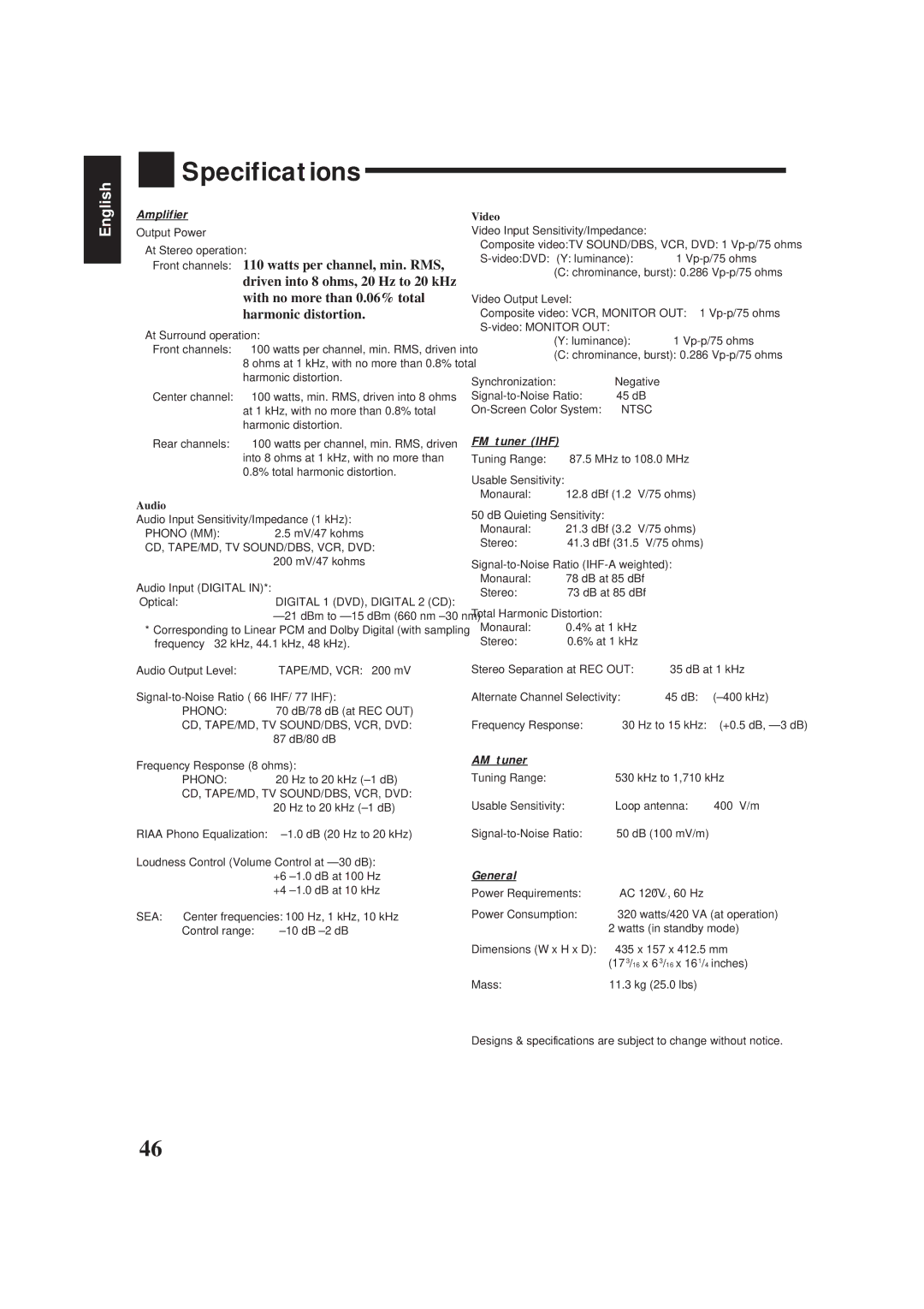 JVC RX-778VBK manual Specifications, Amplifier, FM tuner IHF, AM tuner, General 