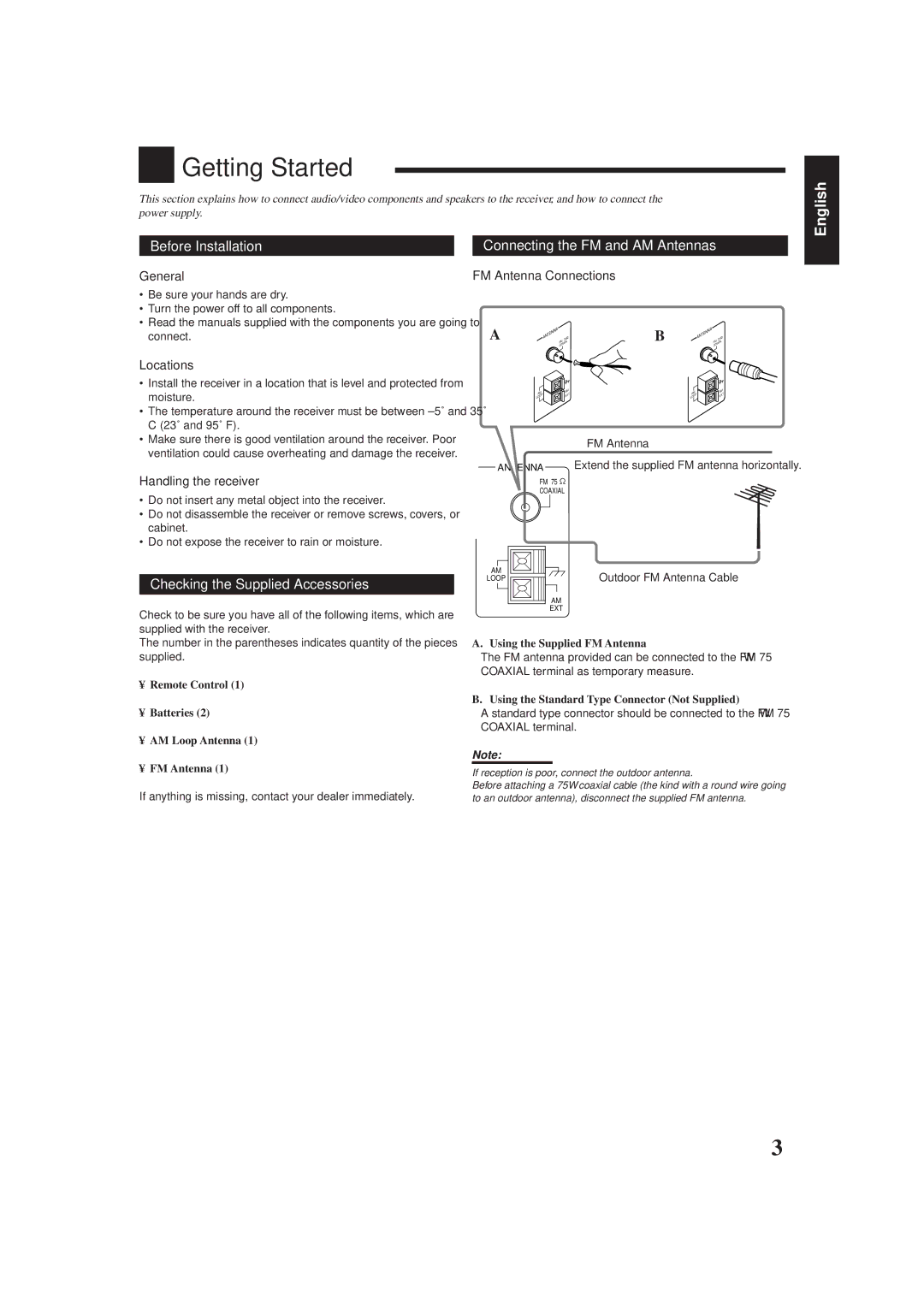 JVC RX-778VBK Getting Started, Before Installation Connecting the FM and AM Antennas, Checking the Supplied Accessories 