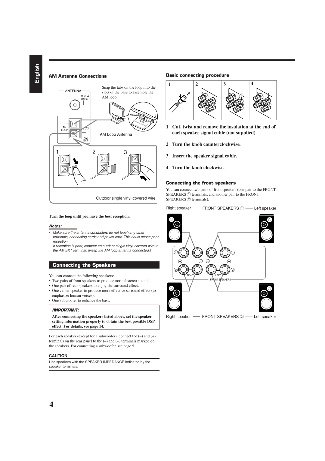 JVC RX-778VBK Connecting the Speakers, AM Antenna Connections, Basic connecting procedure, Connecting the front speakers 