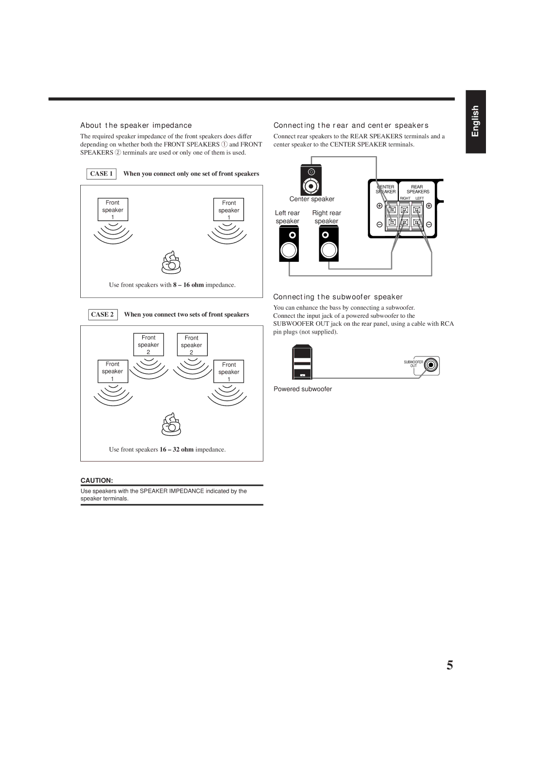 JVC RX-778VBK manual Connecting the subwoofer speaker, Case 1 When you connect only one set of front speakers 