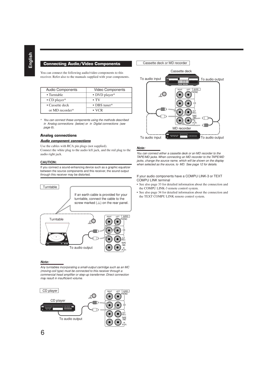 JVC RX-778VBK manual Connecting Audio/Video Components, Analog connections, Audio component connections 