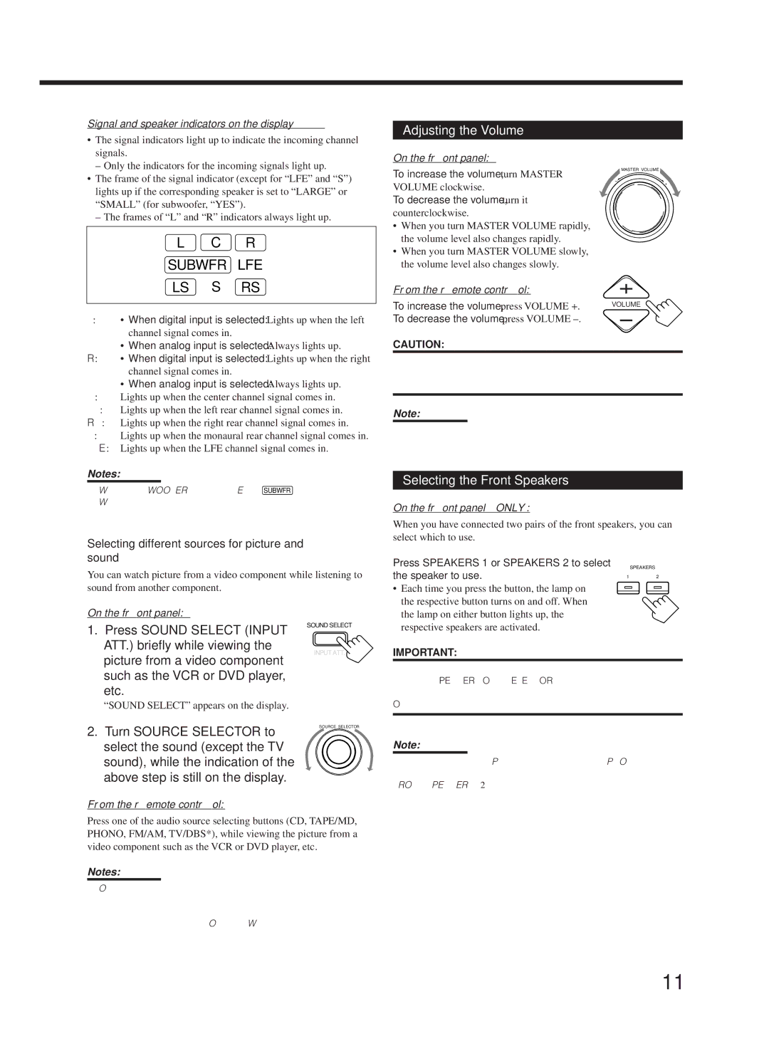 JVC RX-8000VBK Adjusting the Volume, Selecting the Front Speakers, Etc, Selecting different sources for picture and sound 