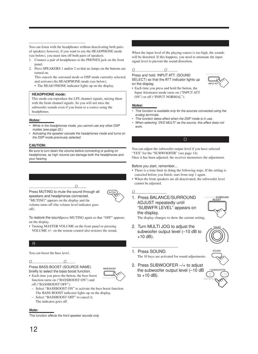 JVC RX-8000VBK Attenuating the Input Signal, Muting the Sound, Reinforcing the Bass, Adjusting the Subwoofer Output Level 