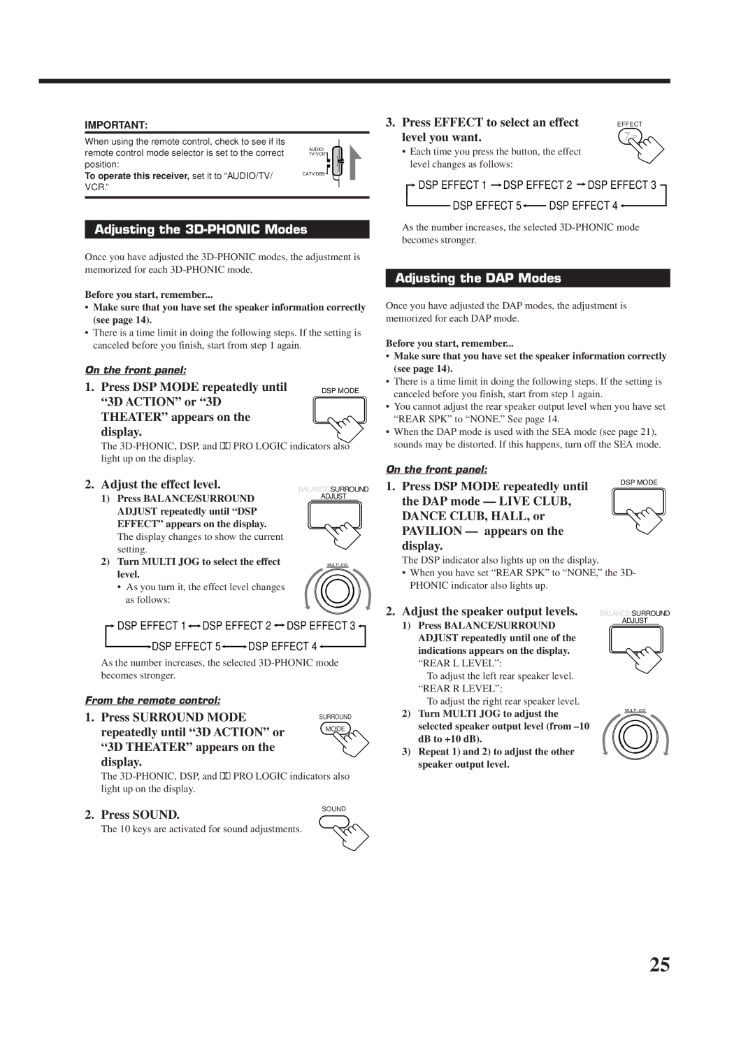 JVC RX-8000VBK manual Adjusting the 3D-PHONIC Modes, Adjusting the DAP Modes 