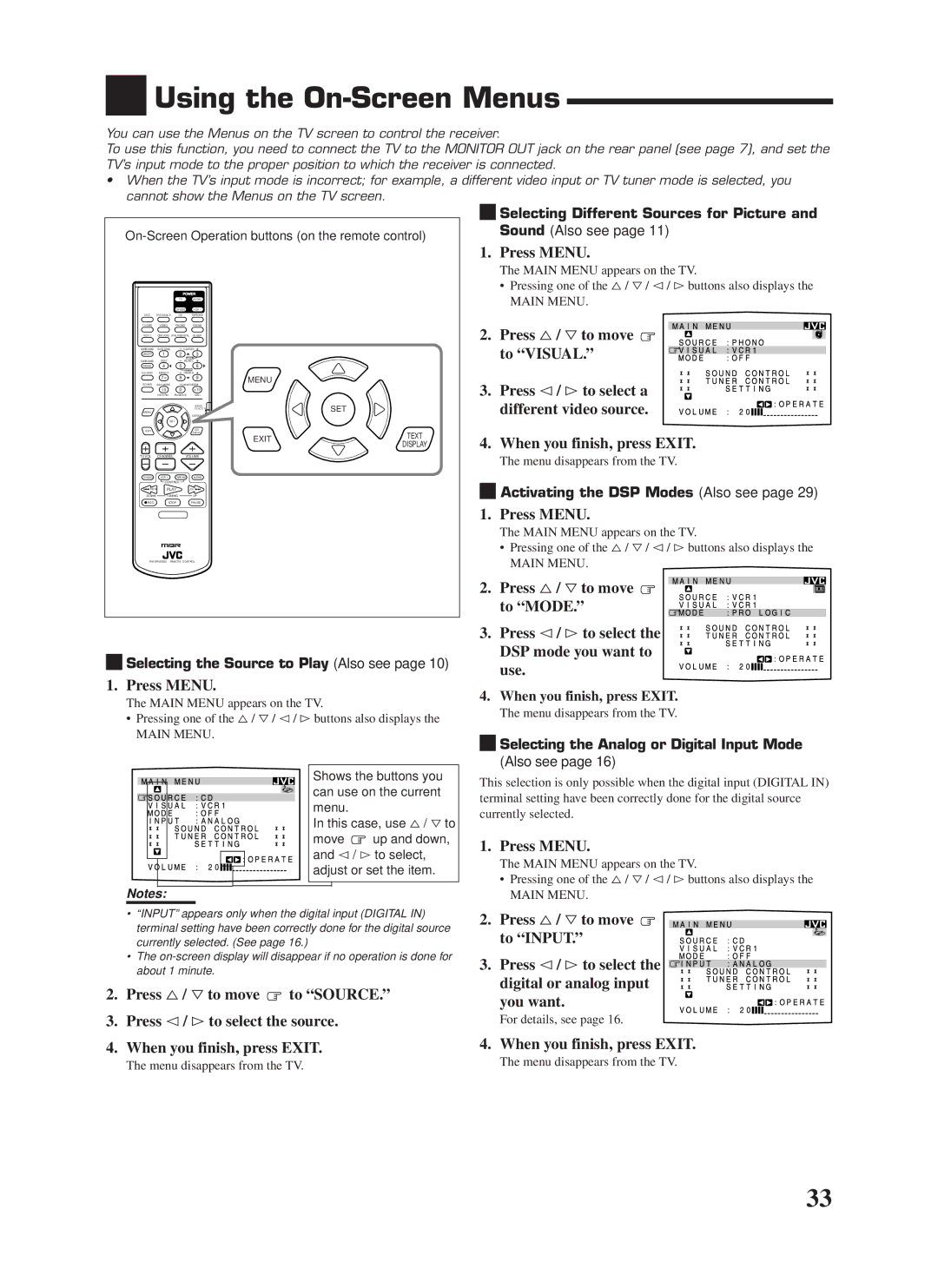 JVC RX-8000VBK manual Using the On-Screen Menus, Press Menu, Press %/ Þto move to Visual, When you finish, press Exit 