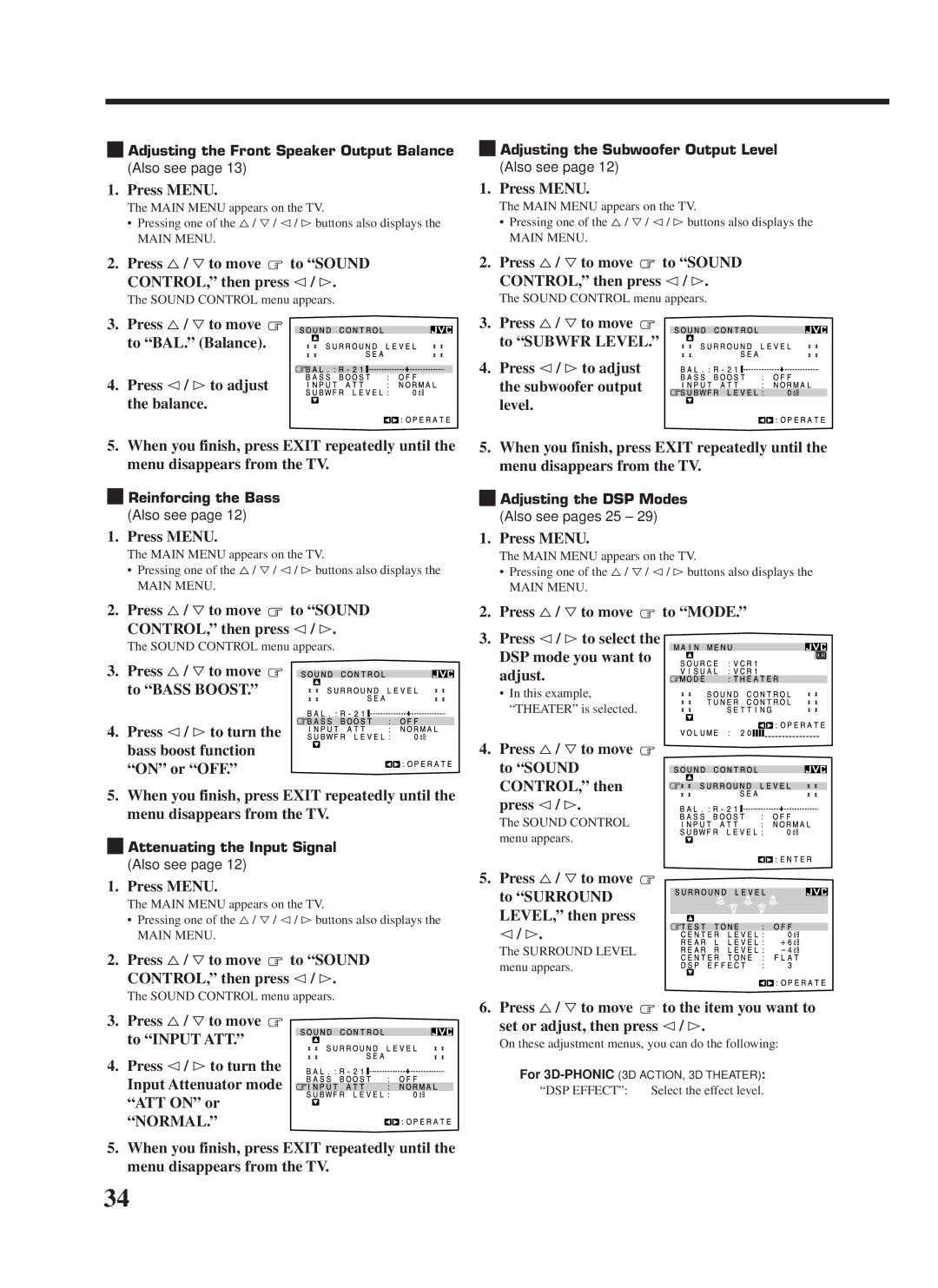 JVC RX-8000VBK manual Press %/ Þto move to Sound CONTROL, then press @/ # 