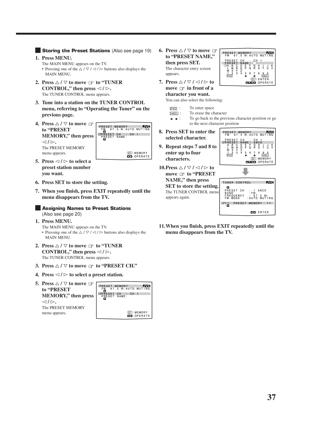 JVC RX-8000VBK Press %/ Þto move to Preset NAME, then press SET, Press %/ Þ / @/ #to Move in front of a character you want 