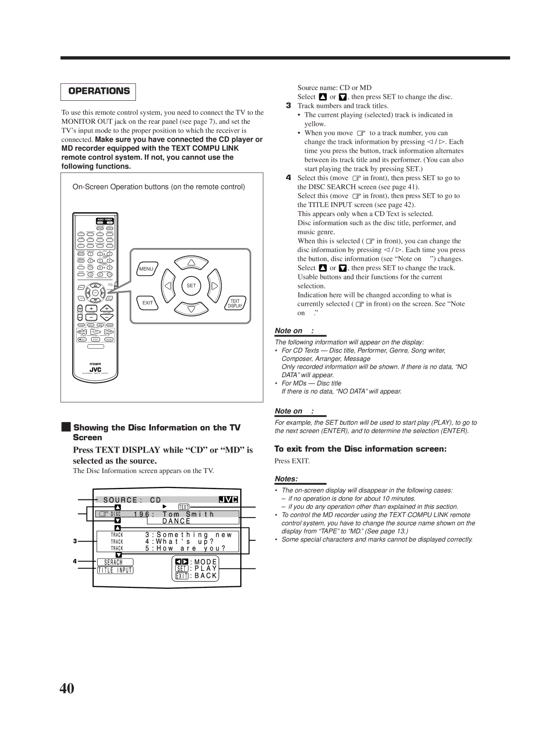 JVC RX-8000VBK Press Text Display while CD or MD is selected as the source, Showing the Disc Information on the TV Screen 