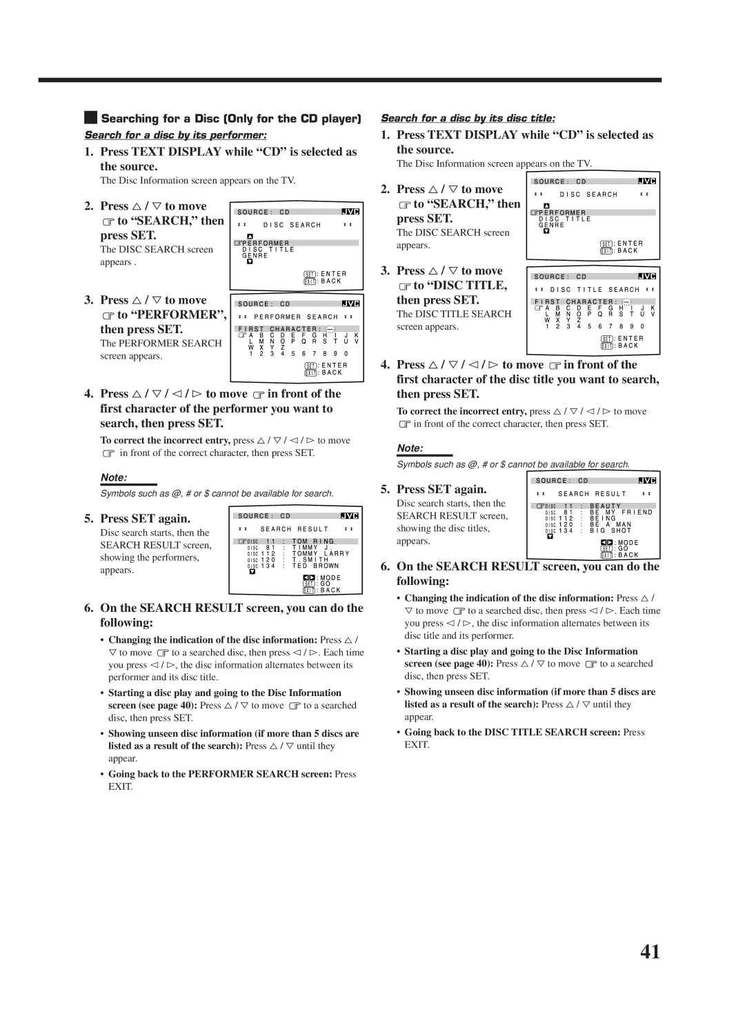 JVC RX-8000VBK manual Press Text Display while CD is selected as the source, Press %/ Þto move To SEARCH, then Press SET 