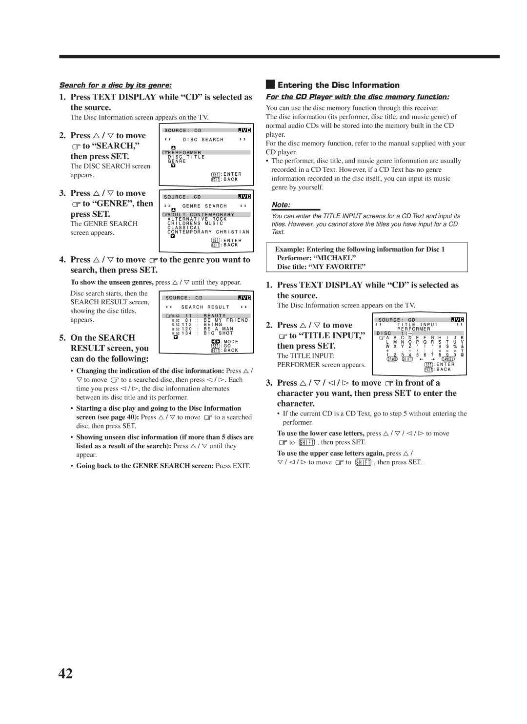 JVC RX-8000VBK manual Press %/ Þto move to Search Then press SET, Press %/ Þto move To GENRE, then Press SET 