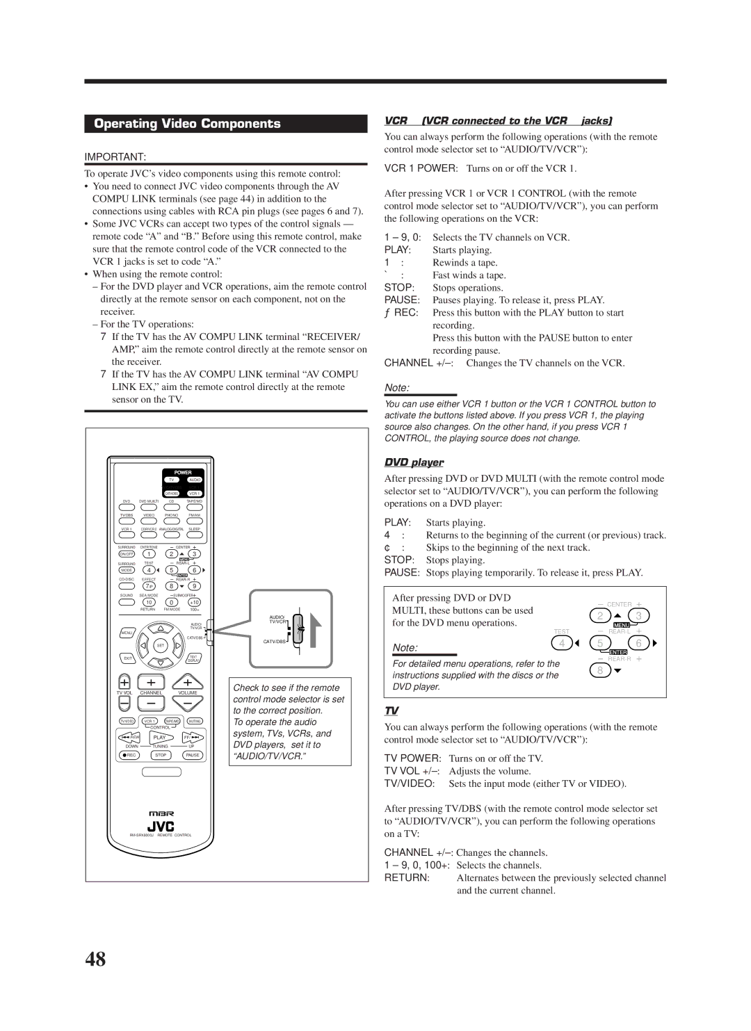 JVC RX-8000VBK manual Operating Video Components, VCR 1 VCR connected to the VCR 1 jacks, DVD player 