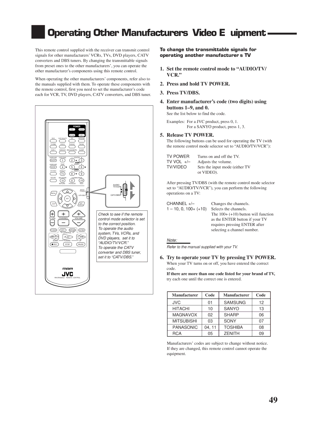 JVC RX-8000VBK manual Operating Other Manufacturers’ Video Equipment, Release TV Power, Manufacturer Code 