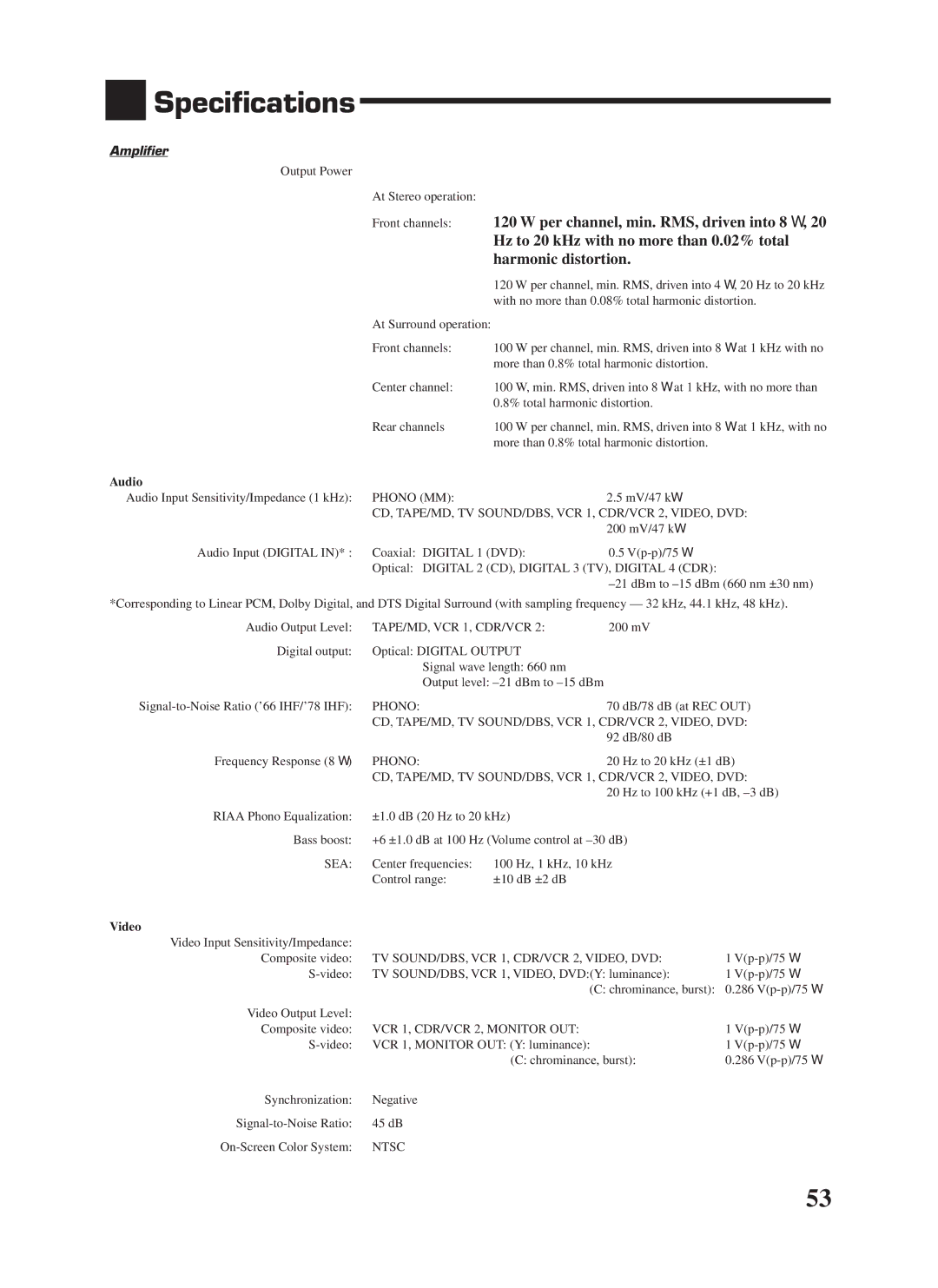 JVC RX-8000VBK manual Specifications, Amplifier, Audio, Video 