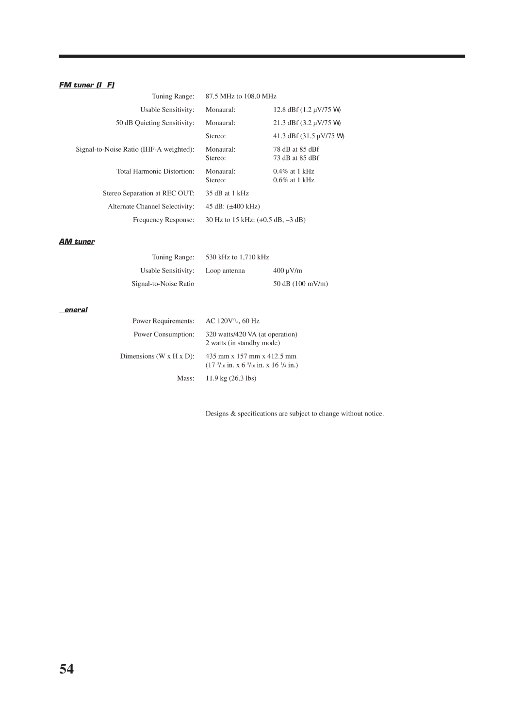 JVC RX-8000VBK manual FM tuner IHF, AM tuner, Tuning Range Usable Sensitivity Signal-to-Noise Ratio, General 