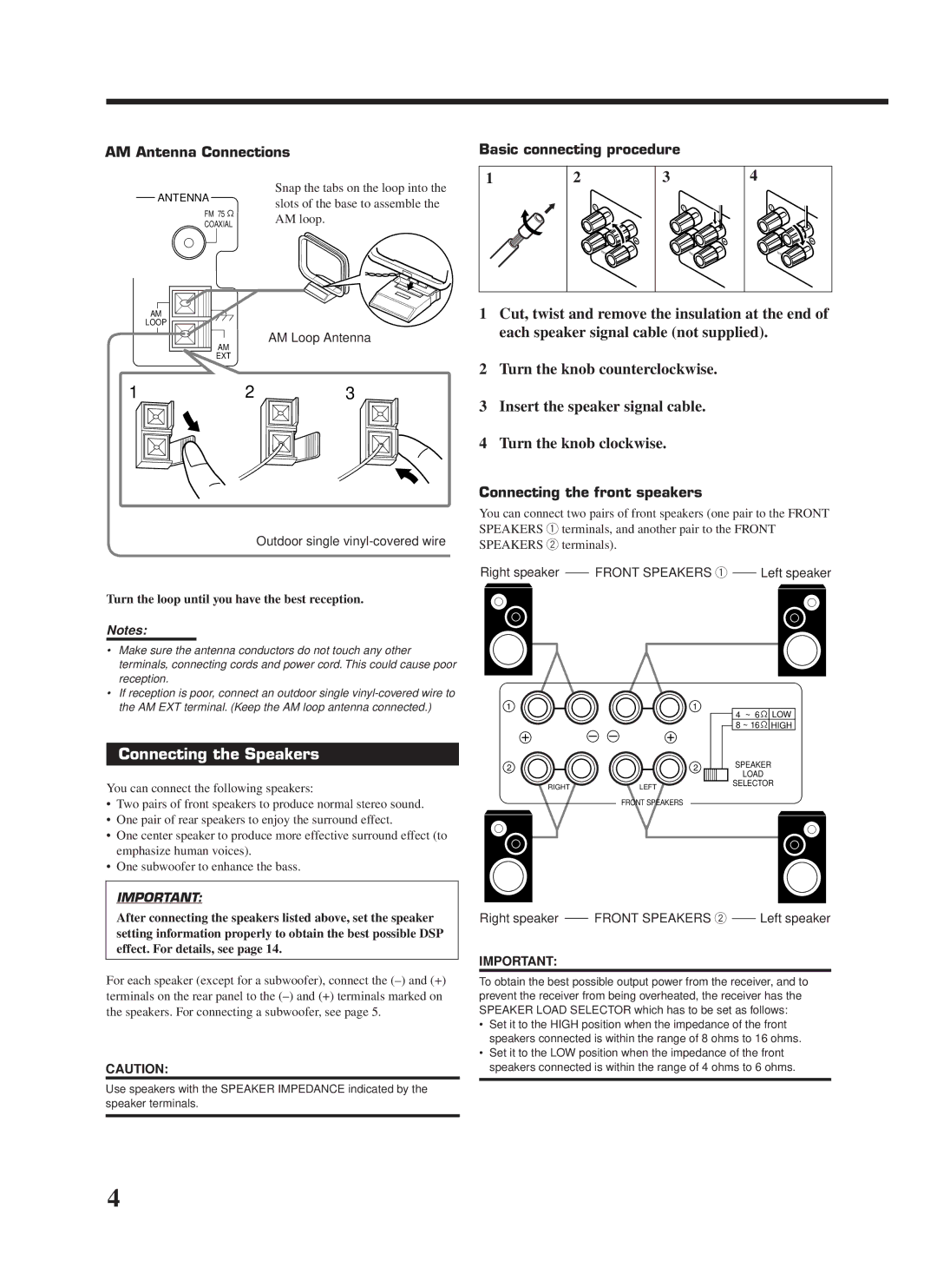 JVC RX-8000VBK Connecting the Speakers, AM Antenna Connections, Basic connecting procedure, Connecting the front speakers 