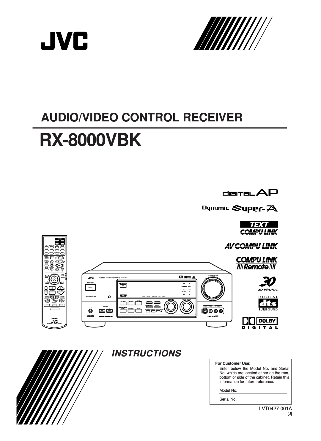 JVC RX-8000VBK manual Audio/Video Control Receiver, Instructions, LVT0427-001A, D I G I T A L, For Customer Use 
