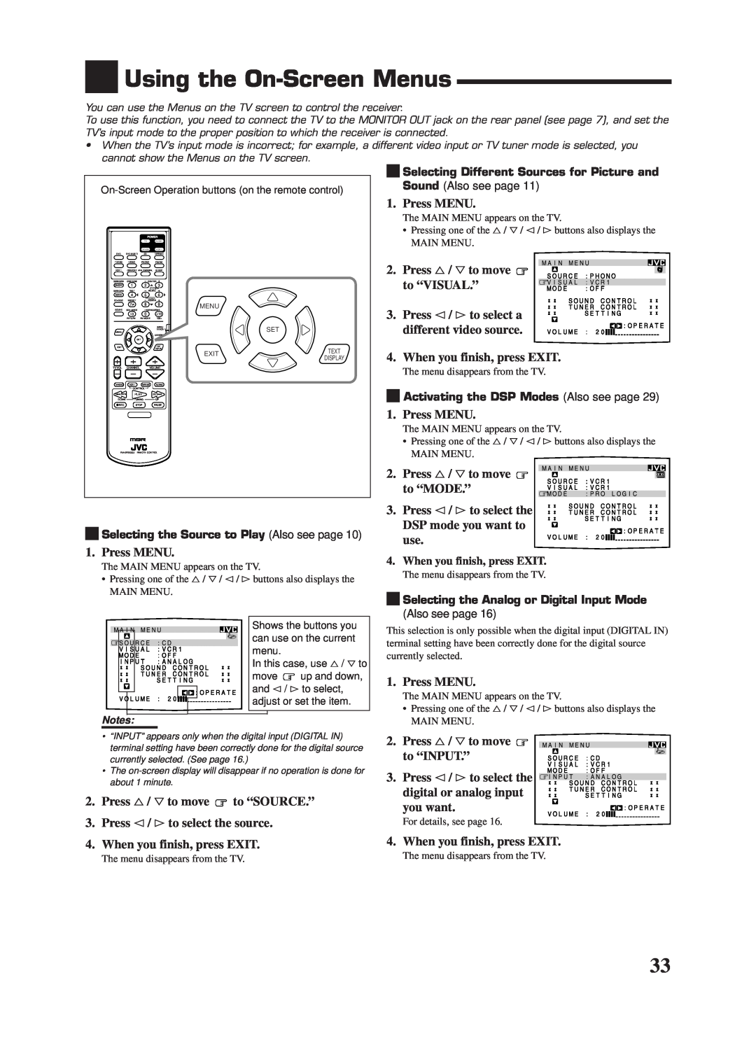 JVC RX-8000VBK manual Using the On-ScreenMenus 