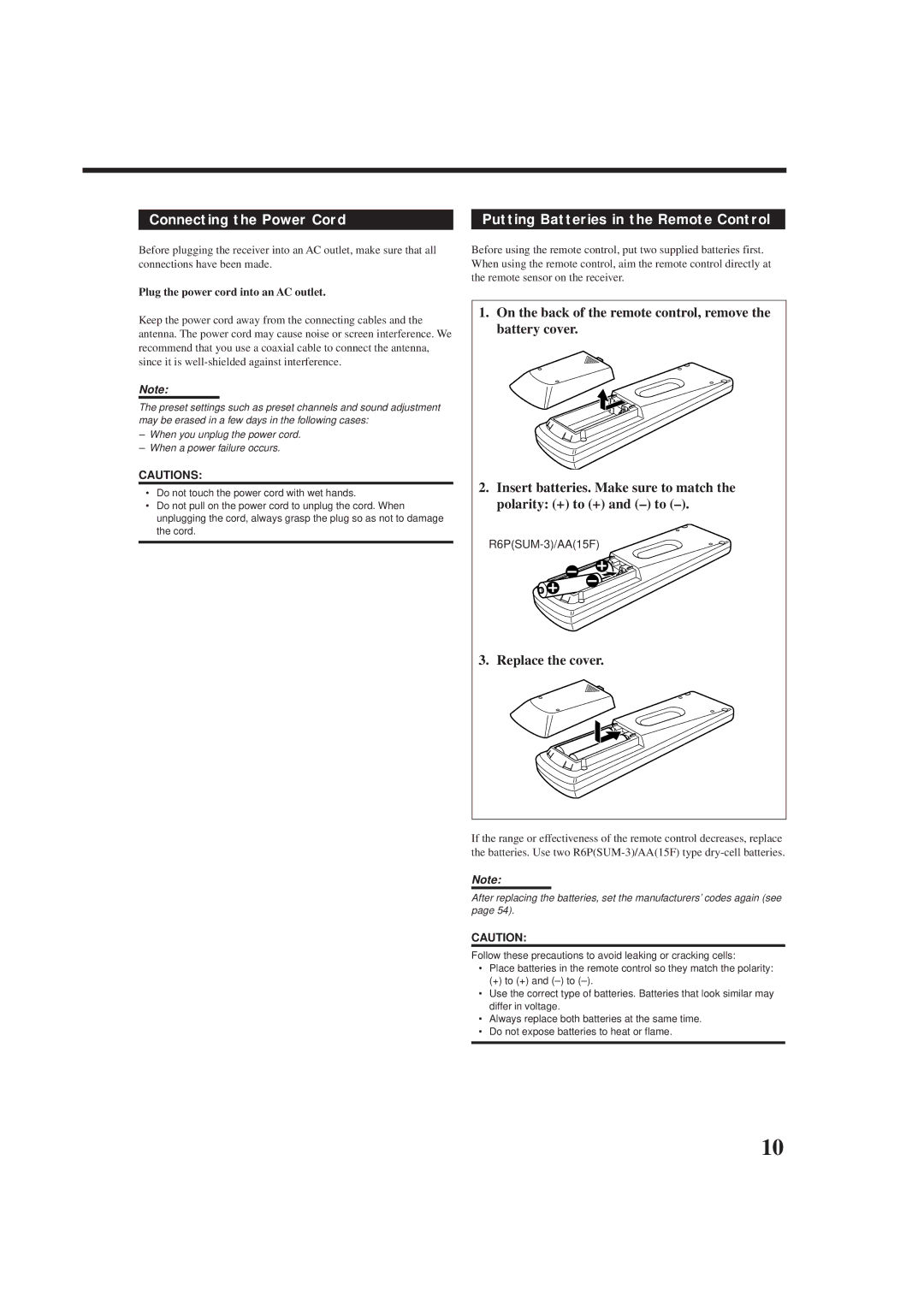 JVC RX-8012RSL manual Connecting the Power Cord, Putting Batteries in the Remote Control, Replace the cover, R6PSUM-3/AA15F 