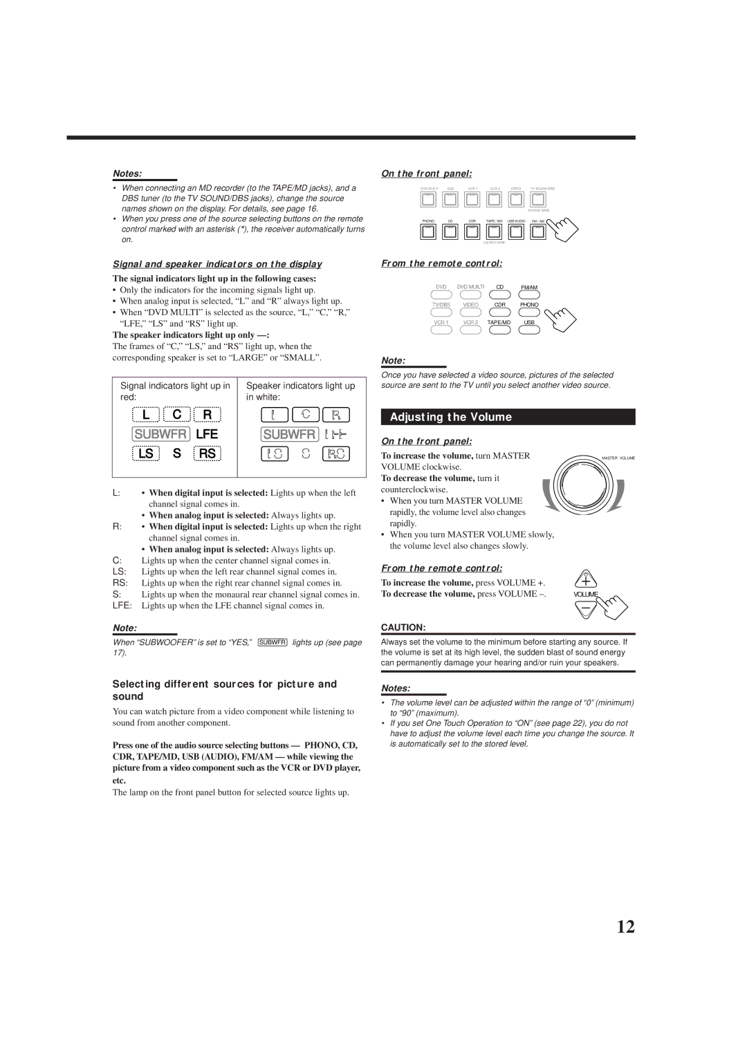 JVC RX-8012RSL, RX-8010RBK manual Adjusting the Volume, Selecting different sources for picture and sound 