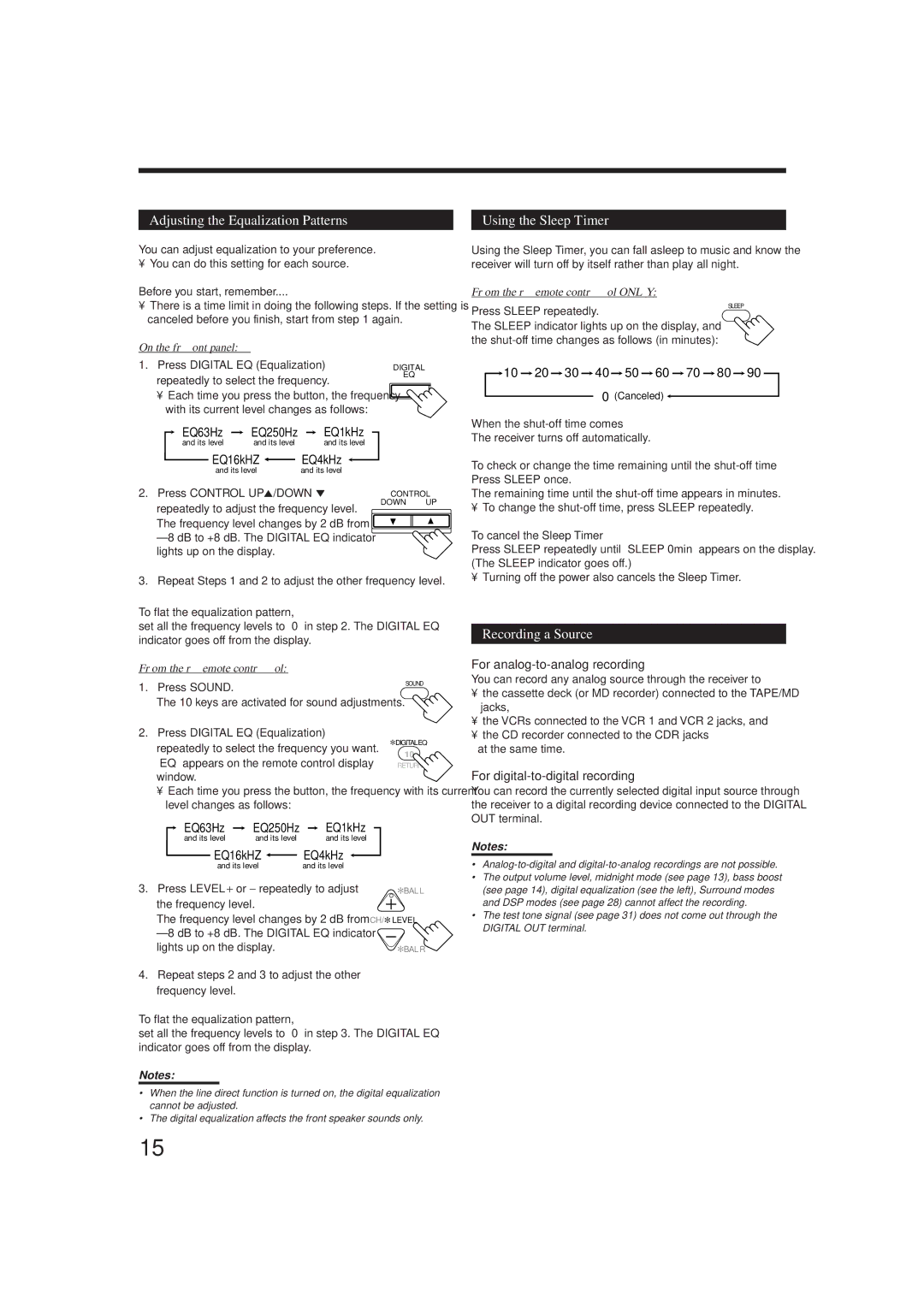 JVC RX-8010RBK, RX-8012RSL manual Adjusting the Equalization Patterns, Using the Sleep Timer, Recording a Source 