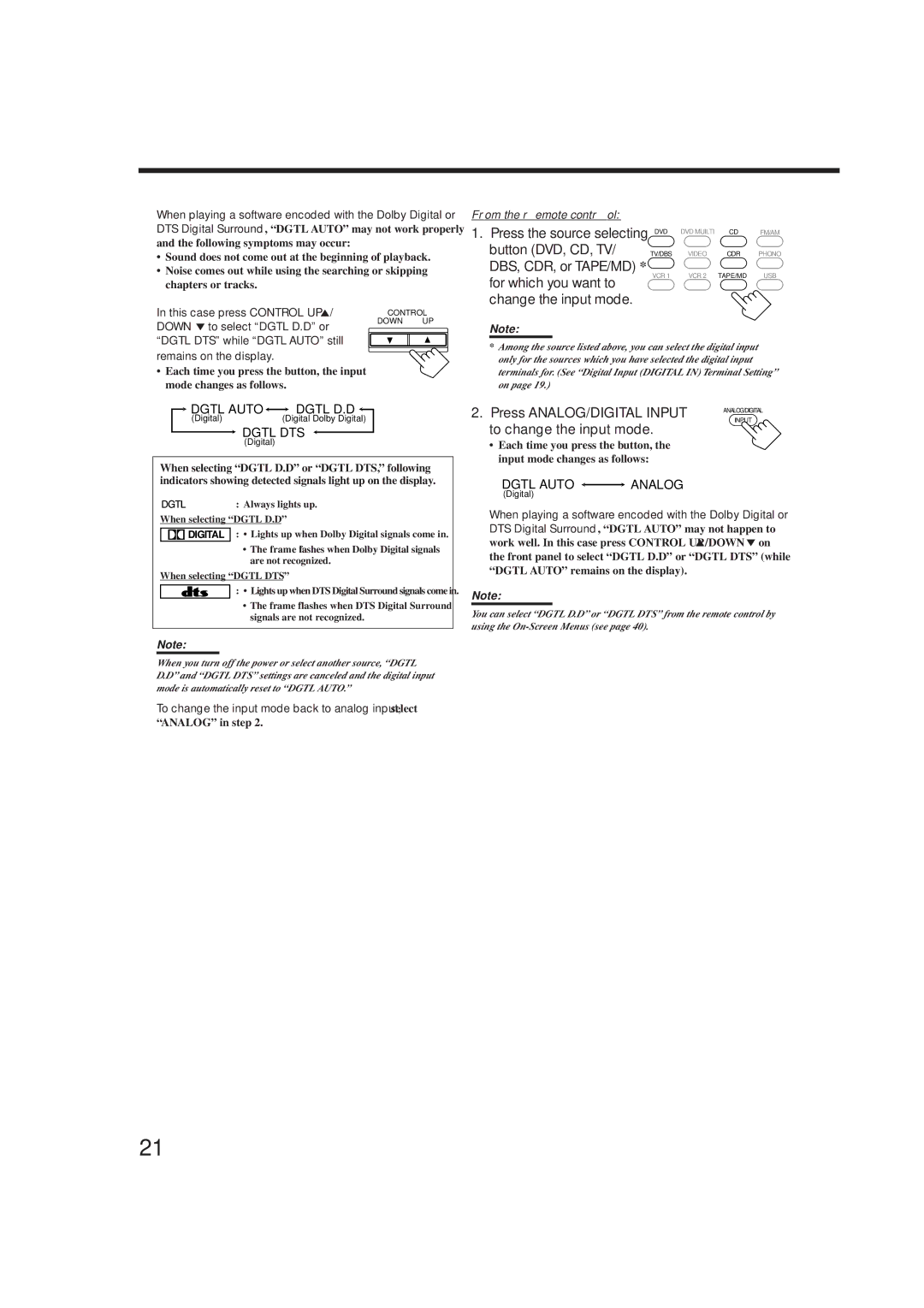 JVC RX-8010RBK, RX-8012RSL manual Press ANALOG/DIGITAL Input, To change the input mode 