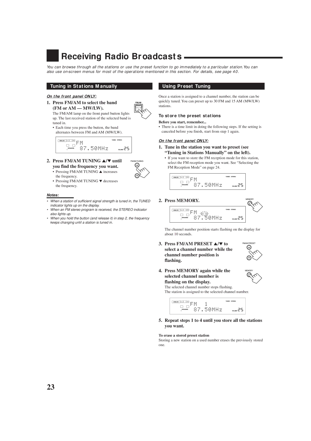 JVC RX-8010RBK, RX-8012RSL manual Receiving Radio Broadcasts, Tuning in Stations Manually, Using Preset Tuning 