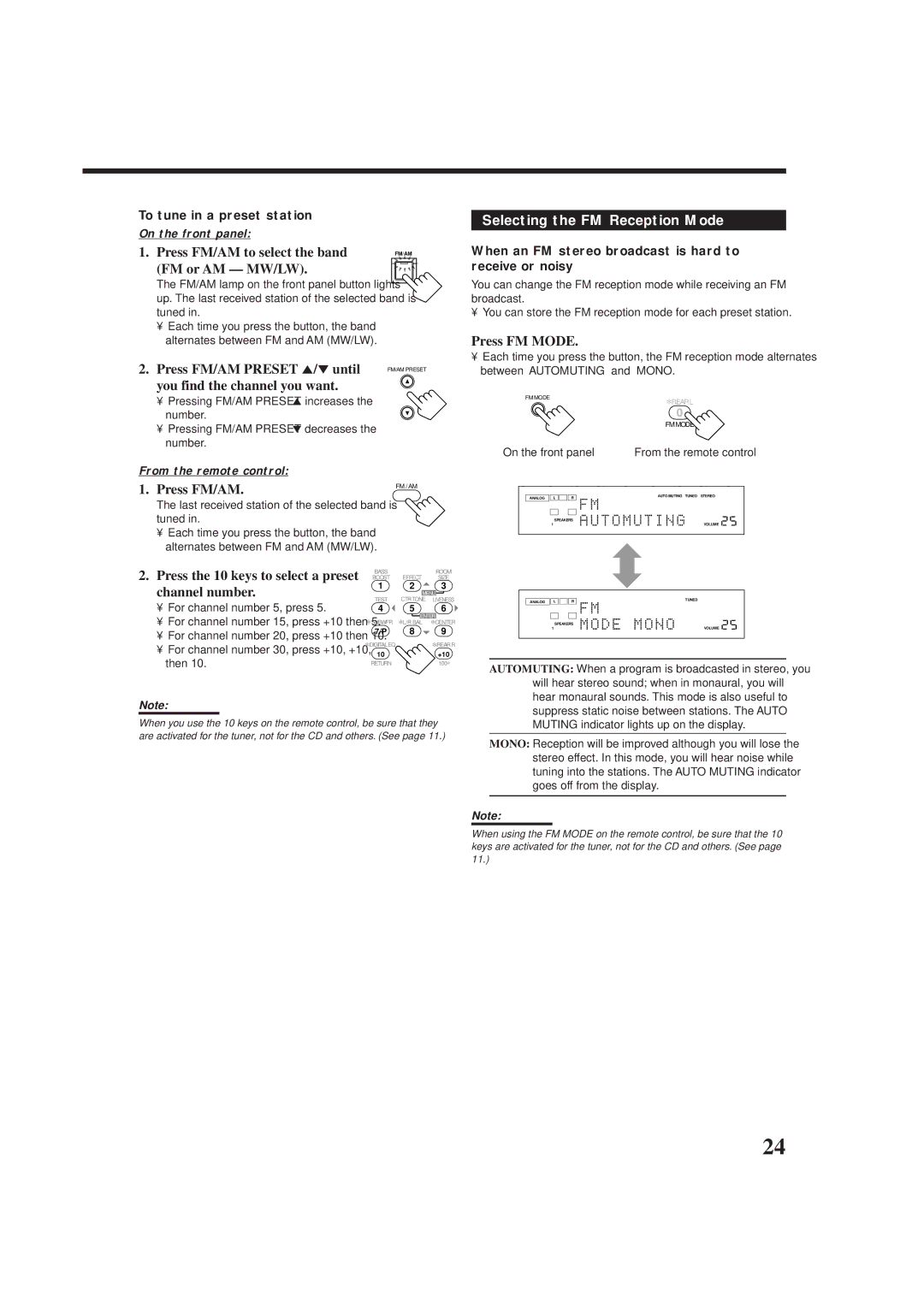 JVC RX-8012RSL, RX-8010RBK manual Press FM/AM Preset 5/until, Selecting the FM Reception Mode, Press FM Mode, Channel number 