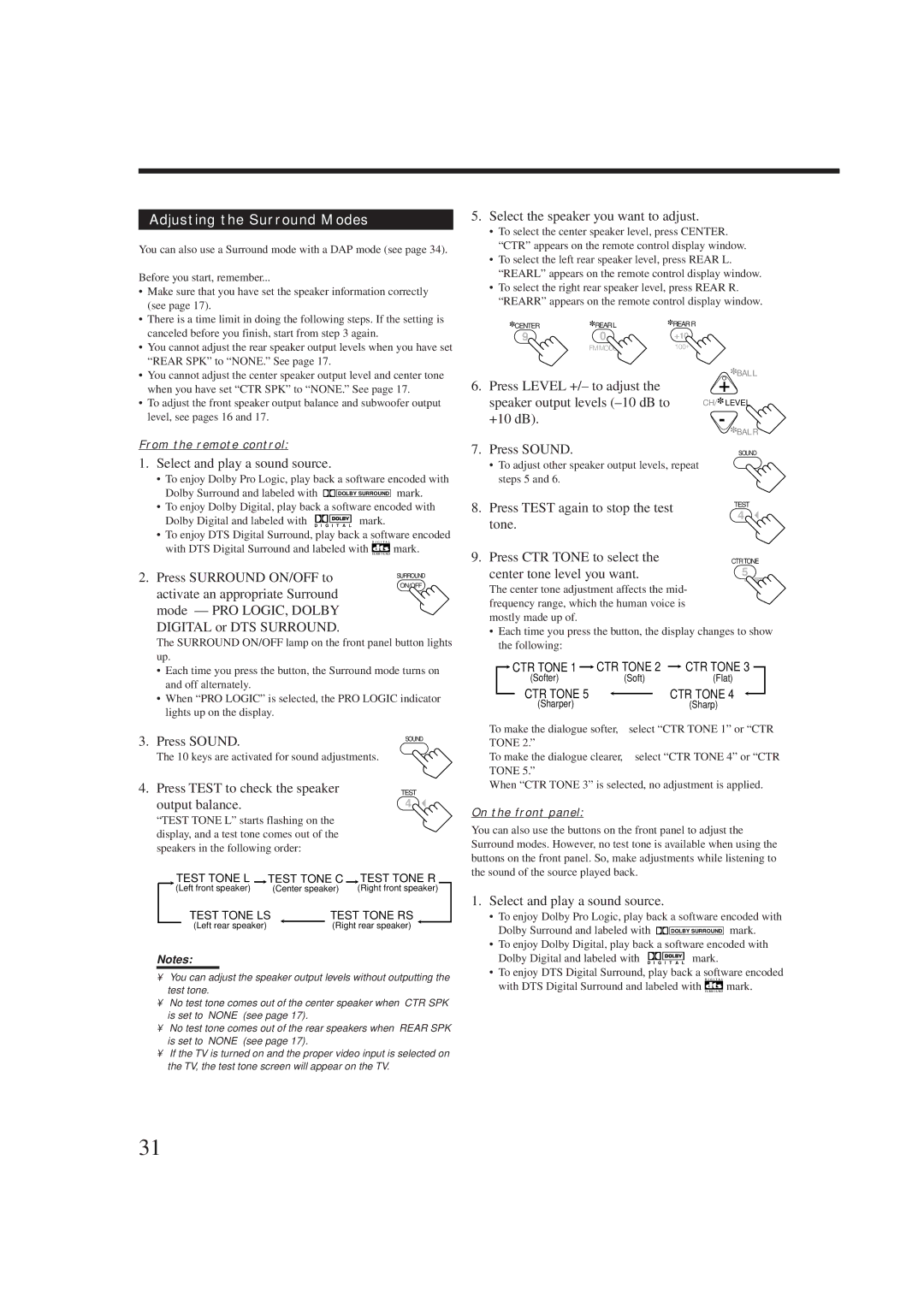 JVC RX-8010RBK, RX-8012RSL manual Adjusting the Surround Modes 