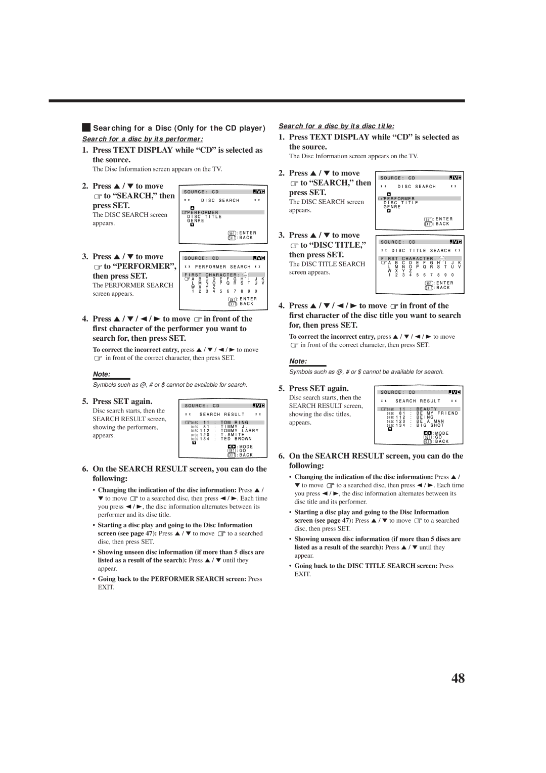 JVC RX-8012RSL Press Text Display while CD is selected as the source, Press 5 / to move to SEARCH, then, Press SET again 