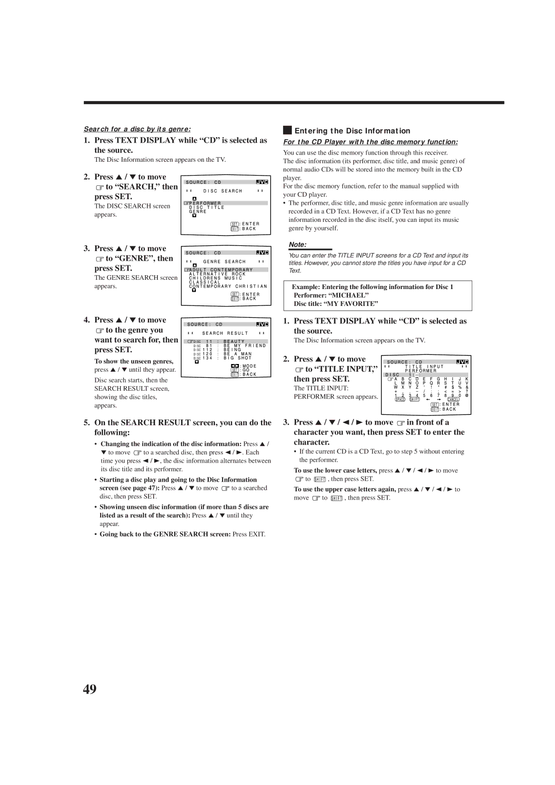 JVC RX-8010RBK, RX-8012RSL manual Press 5 / to move to SEARCH, then Press SET, Press 5 / to move To GENRE, then Press SET 