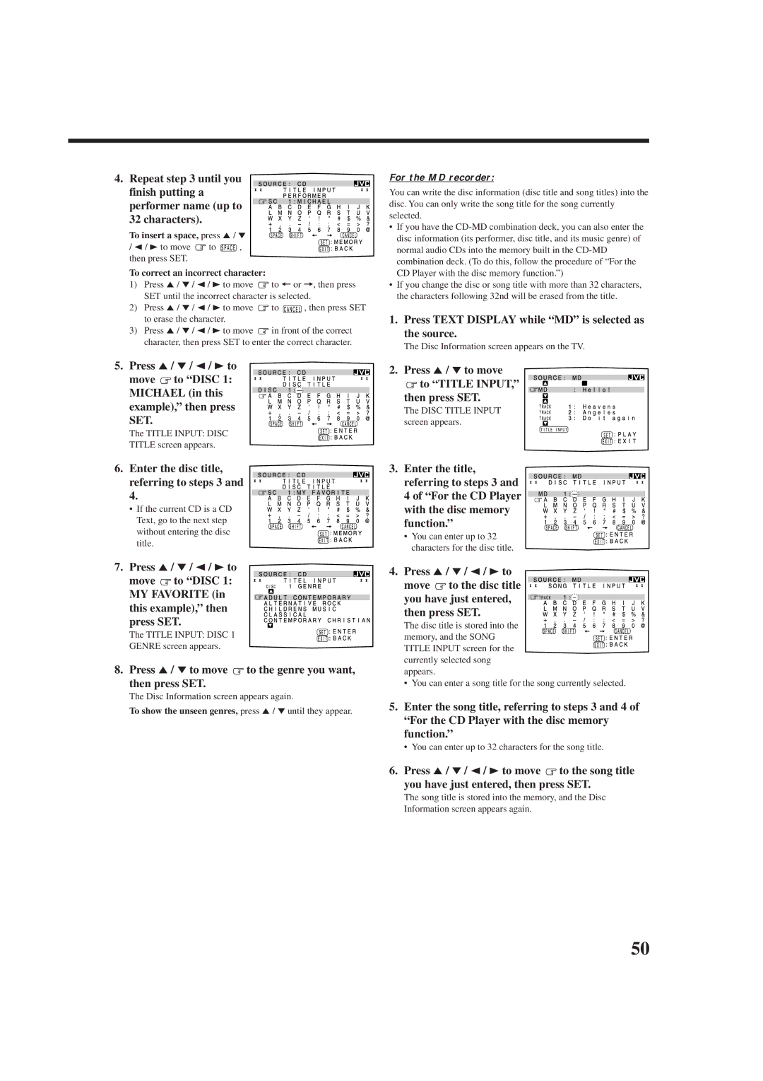 JVC RX-8012RSL manual Enter the disc title Referring to steps 3, Press 5/ to move to the genre you want, then press SET 