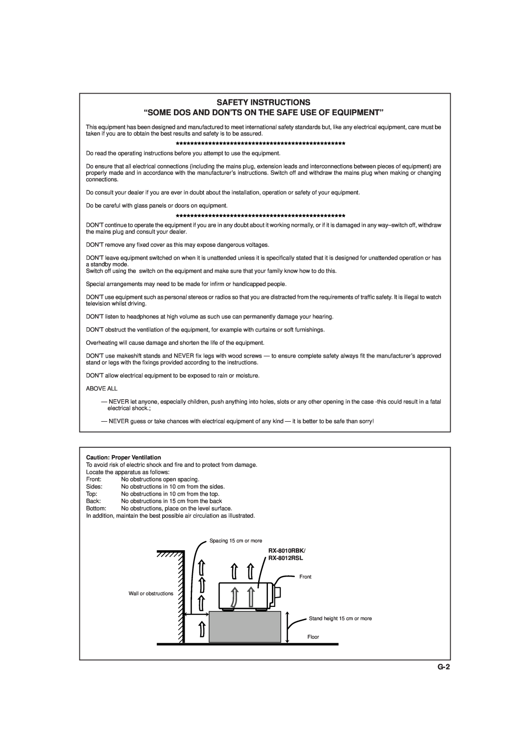 JVC manual Safety Instructions, Caution Proper Ventilation, RX-8010RBK RX-8012RSL 
