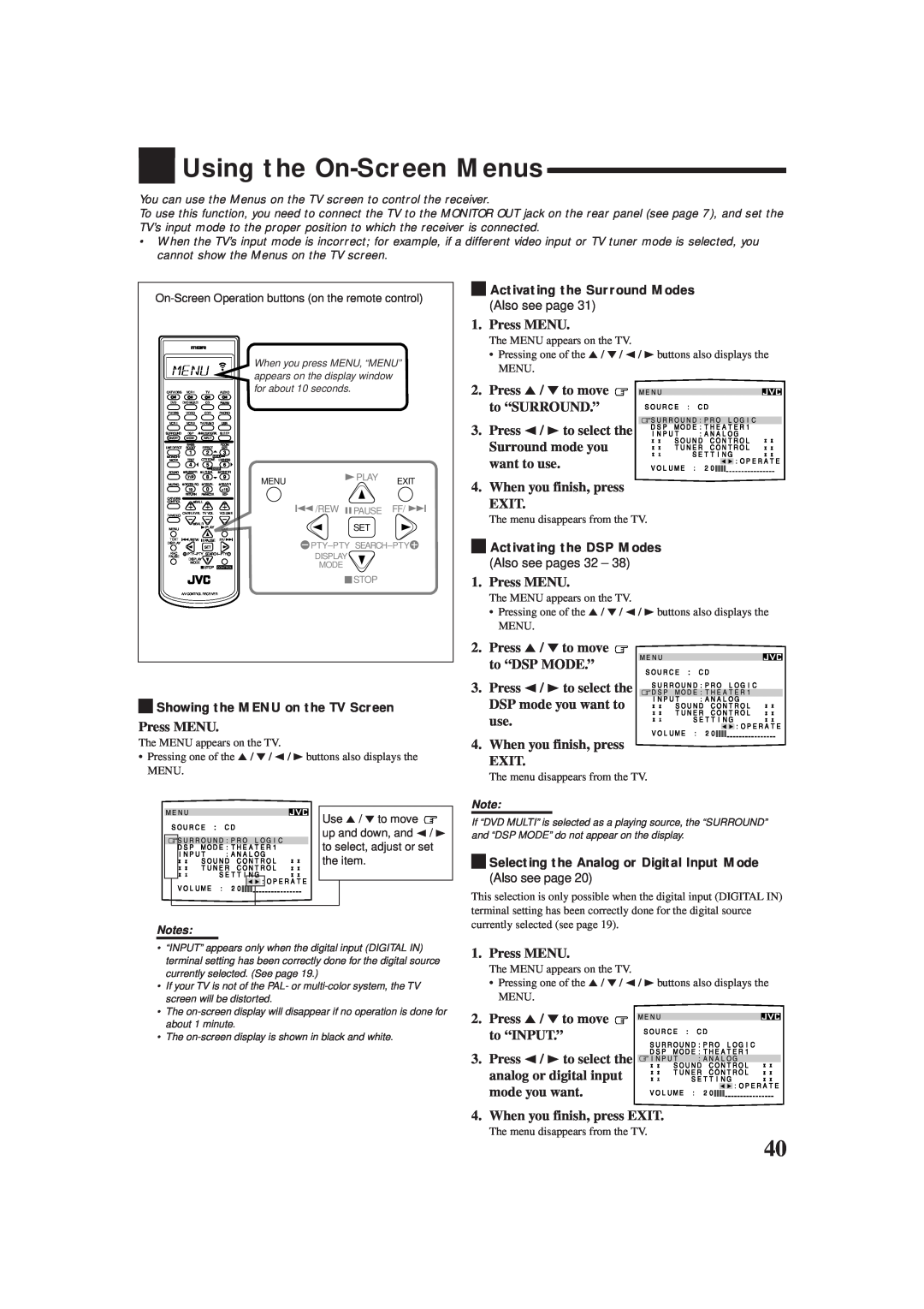 JVC RX-8012RSL, RX-8010RBK manual Using the On-ScreenMenus 