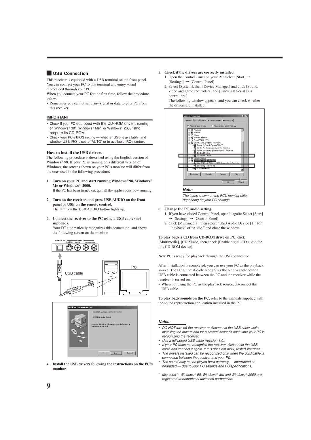 JVC rx-8010vbk manual USB Connection, Lamp on the USB Audio button lights up, USB cable, Change the PC audio setting 