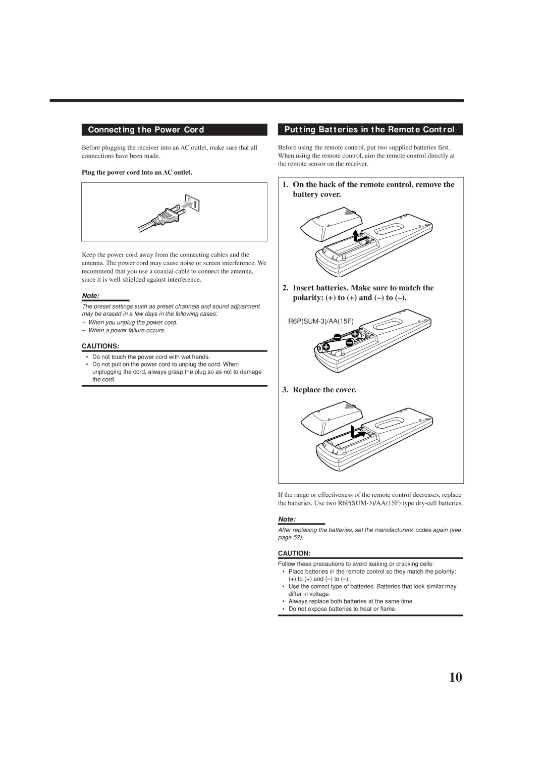 JVC rx-8010vbk manual Connecting the Power Cord, Putting Batteries in the Remote Control, Replace the cover, R6PSUM-3/AA15F 