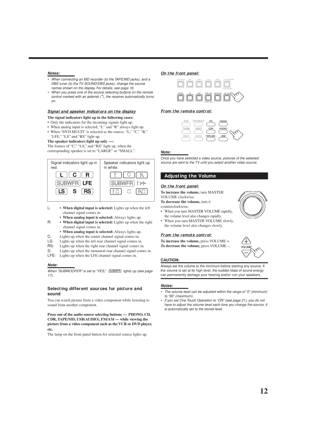 JVC rx-8010vbk manual Adjusting the Volume, Selecting different sources for picture and sound 