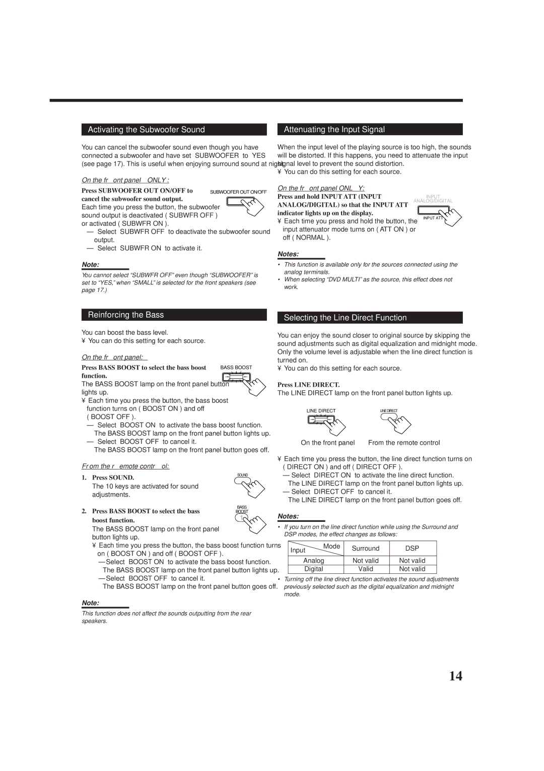 JVC rx-8010vbk manual Activating the Subwoofer Sound Attenuating the Input Signal, Reinforcing the Bass 